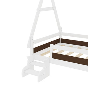 English Elm Twin House Shaped Platform Bed Solid Pine Frame with Built in Stairs for Kids W1580P354718