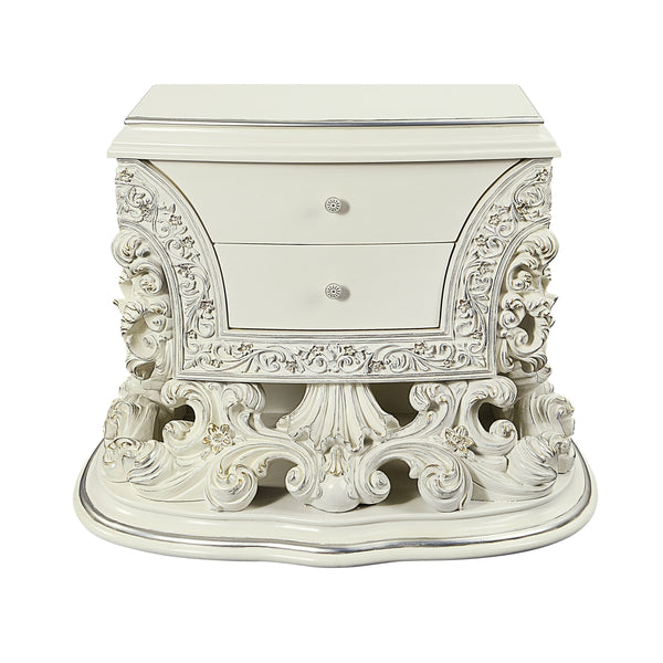 English Elm Adara Scrolled Floral Antique White Nightstand with Felt-Lined Self-Close Drawers, 2 Storage B2726P293224
