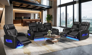 English Elm Jazz Black Leather Aire 3-Piece Power Reclining Sofa Set With Bluetooth Speakers & Usb Ports B061S00927