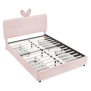 English Elm Queen Boucle Upholstered Kids Bed with Rabbit Ear Headboard Led Lighting Storage Drawers Pink W1413P384926