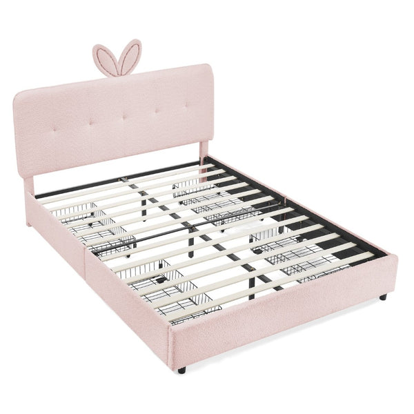 English Elm Queen Boucle Upholstered Kids Bed with Rabbit Ear Headboard Led Lighting Storage Drawers Pink W1413P384926