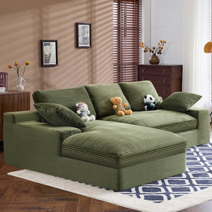 English Elm Green corduroy compressed sofa with 3 back cushions & 2 throw pillows — soft, resilient, space-saving comfort W3612S00016