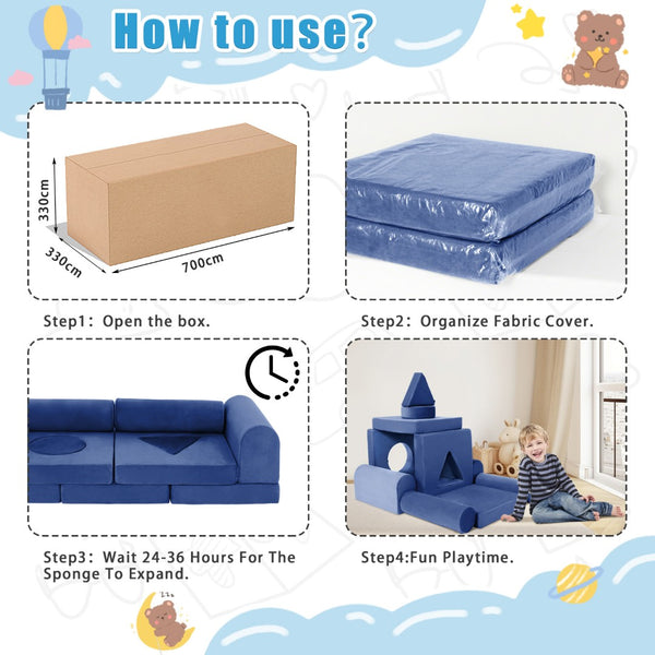 English Elm 11pcs Modular Foam Play Couch Set for Kids Velour Washable Toddler Playroom Builder Dark Blue T5880P493426