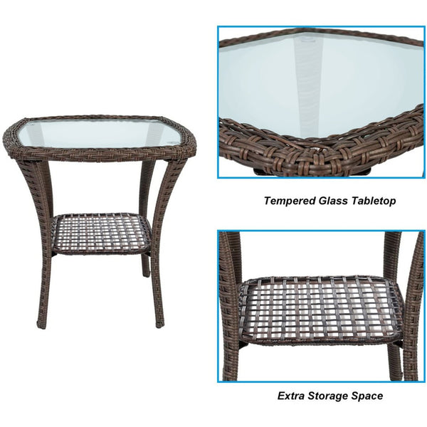 English Elm Outdoor Wicker Square Side Table Tempered Glass Top All Weather Patio Bistro Accent W1889P202948