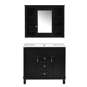 English Elm 36'' Bathroom Vanity with Sink and Mirror Cabinet, Modern MDF & Solid Wood Design, Ceramic Top, Soft-Close Doors Black SW000115AAB-1
