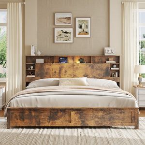 English Elm Wood Queen Platform Bed Bookcase Headboard with Led Lighting and Charging Station W636P444679