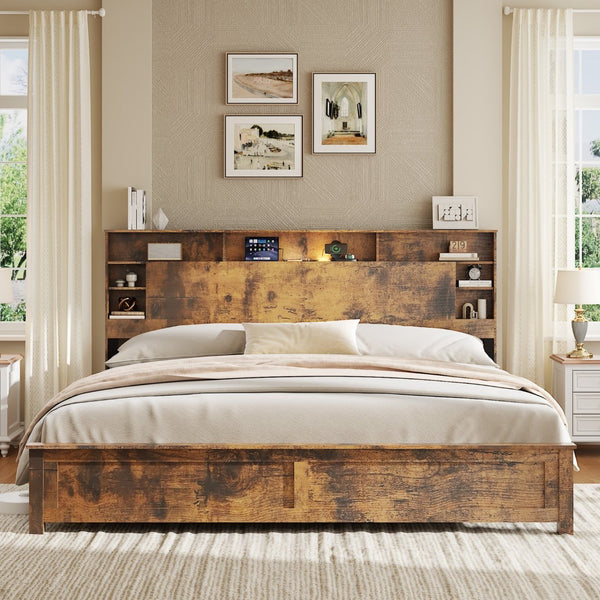 English Elm Wood Queen Platform Bed Bookcase Headboard with Led Lighting and Charging Station W636P444679
