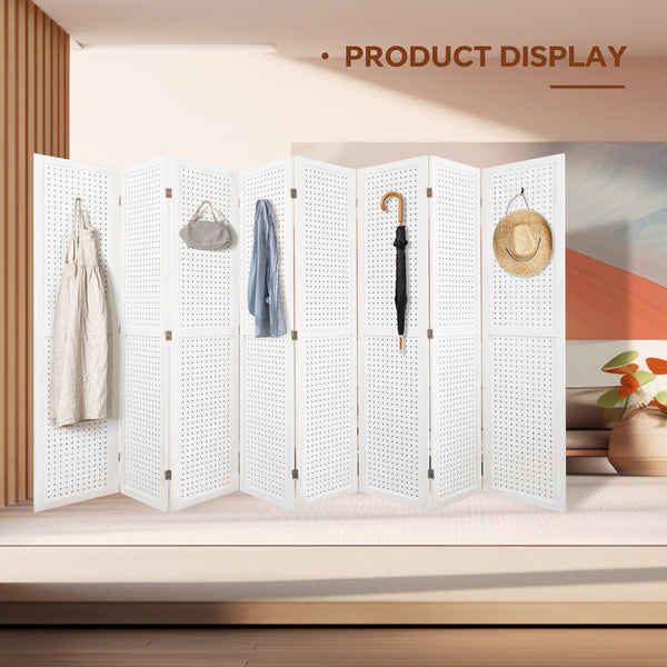 English Elm 8 Panel Pegboard Room Divider 5.6ft Folding Wooden Privacy Screen Freestanding Display White W2701P189940