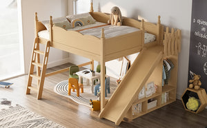 English Elm Queen Solid Pine Loft Bed with Wardrobe Shelves Detachable Slide and Dual Sleeping Zones Natural W5305S00027