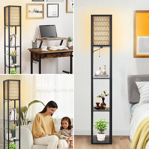 English Elm Floor Lamp with Shelves Brown+Black — Boho Rattan & Fabric Dual Shades, 3 Wooden Shelves, LED Included W2738P400709
