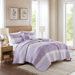 JLA Home Madison Park - 4 Seersucker Quilt Set with Throw and Botanical Pillows — Shabby Chic Floral Texture, Antimicrobial 90 L x 96 W x 0.25H MP13-8794