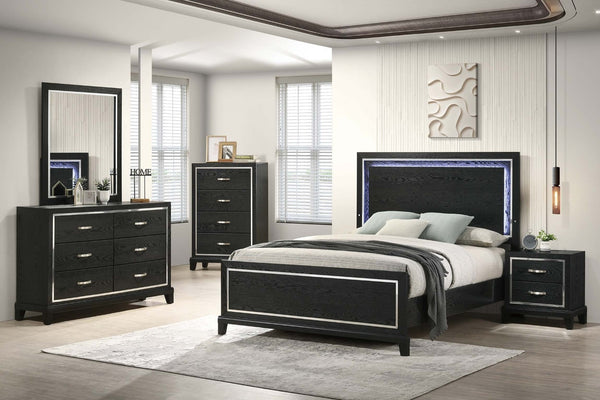 English Elm Modern Queen Platform Bed with Built in Led Headboard Matte Black Minimalist Frame B011S02075