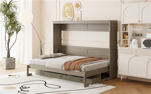 English Elm Queen Murphy Bed Cabinet with Vanity Desk Hydraulic Lift Mirror Distressed Finish Gray LP000766AAE-1