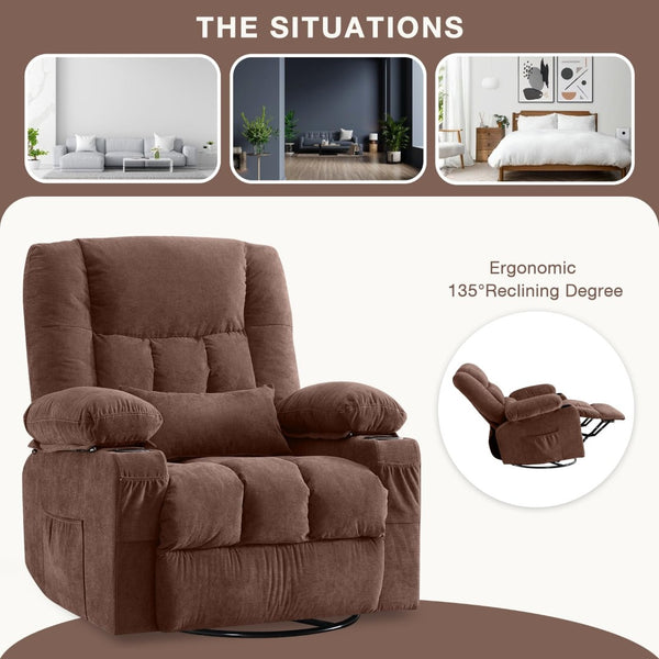 English Elm Massage Swivel Rocker Recliner with Heat Lumbar Relief and Usb Port for Living Room Brown W1521P478288