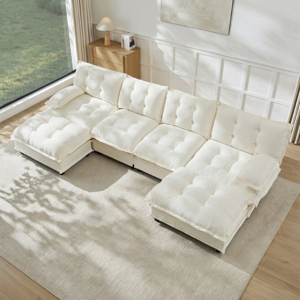 English Elm 138" U-shaped Chenille Cloud Sectional Sofa Four Seat Modular with Ottomans Lounge W714S01685