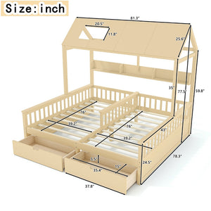 English Elm Double Twin House Bed Pine Wood Frame Kids Playhouse Bunk with Storage Drawers Natural W5305S00007