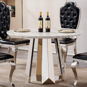 English Elm 47" Round Marble Dining Table - Modern High Gloss Faux Marble Top & Stainless Steel Base For Elegance W3456S00034