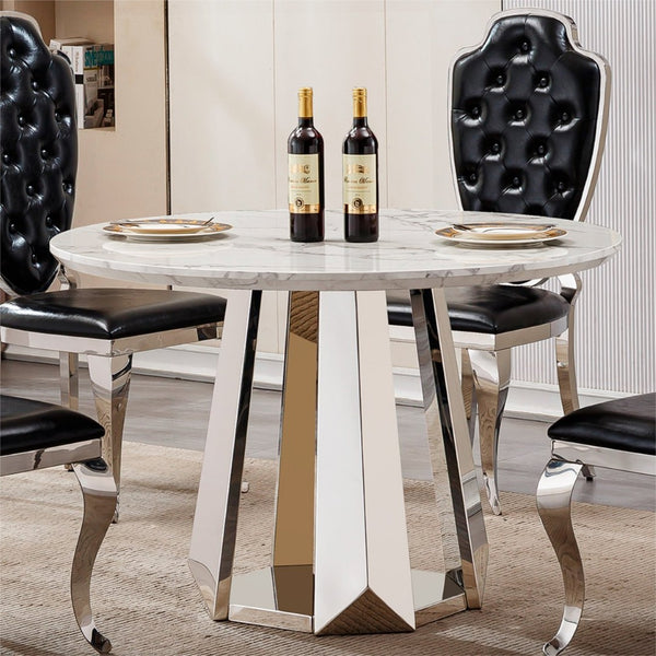 English Elm 47" Round Faux Marble Dining Table Mirror Polished Steel Base Seats Four Modern W3456S00034