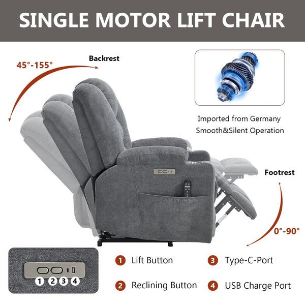 English Elm Emon's Overstuffed Chenille Power Lift Recliner with Massage Heat and Charging Ports Grey W1803S00090