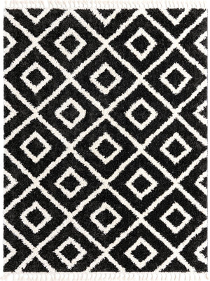 Unique Loom Hygge Shag Diamond Machine Made Geometric Rug Black and White,  7' 10" x 10' 0"