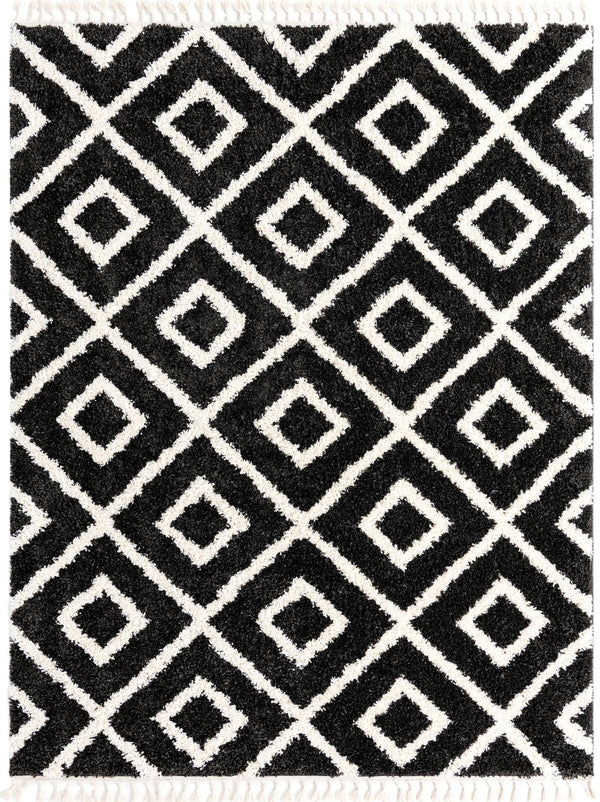 Unique Loom Hygge Shag Diamond Machine Made Geometric Rug Black and White,  7' 10" x 10' 0"