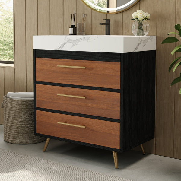 English Elm Modern Freestanding Vanity with Vessel Sink Sintered Stone Top and Gold Steel Legs W3136S00053