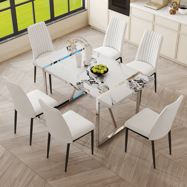 English Elm 7 Piece Faux Marble Dining Set with 55" Table and 6 Ergonomic PU Leather Chairs, Sturdy Modern Design SQ000750AAK