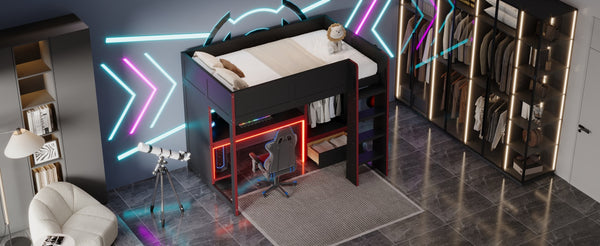 English Elm Wood Twin Gaming Loft Bed with Desk, Wardrobe, LED Lighting & Drawer — Space-Saving Black Red Accent, 400lb Capacity N7090004010B