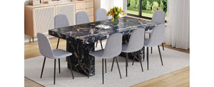 English Elm Table and Chair Set Seats Eight with Marble Pattern Mdf Top Brown Fabric Dining W1151S04134