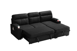 English Elm Kael Microfiber Sleeper Sectional with Chaise Storage Arms and Built-in Cupholders Black B2749S00188