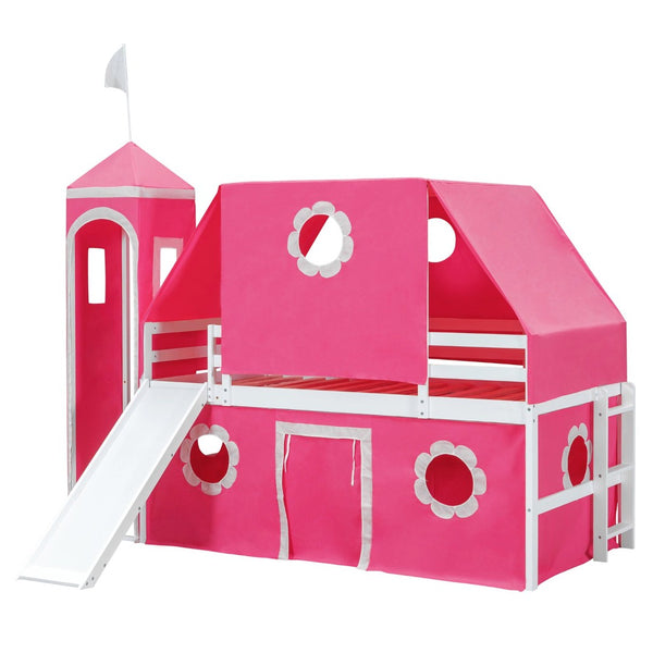 English Elm Twin Castle Loft Bed with Slide Tent Tower and Play Space for Kids Rooms Pink N708P249511H