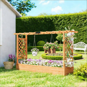 English Elm Wooden Fir Raised Garden Bed with Arched Trellis for Climbing Plants Outdoor Privacy T3971P455905
