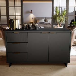 English Elm Granville 55" Sideboard with Solid Wood Ribbed Drawers, Gold Steel Handles & 3 Concealed Shelves Charcoal grey B365S00118