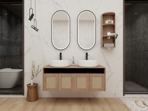 English Elm 48" Floating Bathroom Vanity Dual Ceramic Vessel Sinks Oak Finish Soft Close Doors W999S00504