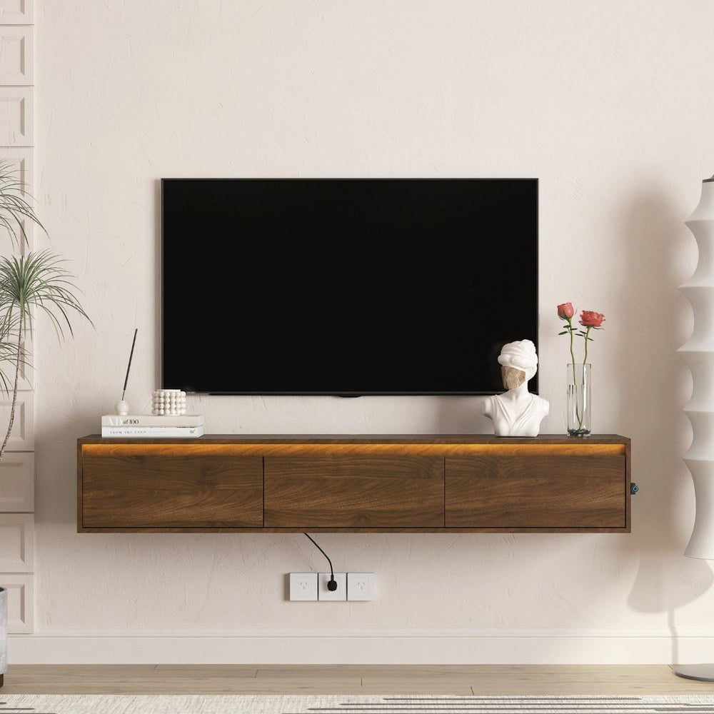 English Elm Floating Wall Mounted Tv Shelf with Led Lighting Power Outlets Gloss White Media Storage W1321P351884