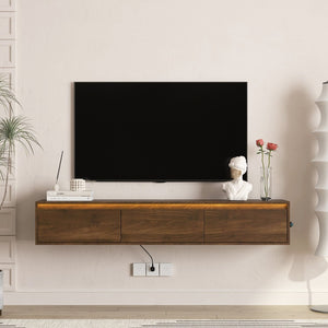 English Elm Floating Wall Mounted Tv Shelf with Led Lighting Power Outlets Gloss White Media Storage W1321P351884