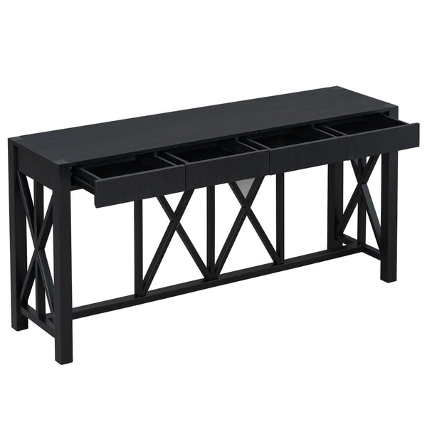 English Elm U_Style 60'' Acacia Veneer Console Table - Stylish X-Base With 4 Drawers & Open Shelf For Versatile Storage N711P289747B-GIGA