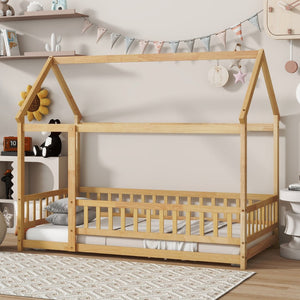 English Elm Twin Size House Floor Bed With Roof Frame & Safety Guardrails - Cozy & Imaginative Playtime Haven W504P286404-GIGA