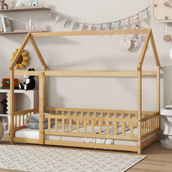 English Elm Twin Size House Floor Bed With Roof Frame & Safety Guardrails - Cozy & Imaginative Playtime Haven W504P286404-GIGA