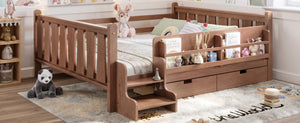English Elm Queen Bunk Bed with Trundle Solid Pine Kids Car Themed Frame Built-in Bookshelf Natural W1580S00543