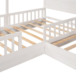 English Elm Wood House Twin L-shaped Kids Bed Solid Pine Playhouse Frame with Slatted Support LP001345AAK