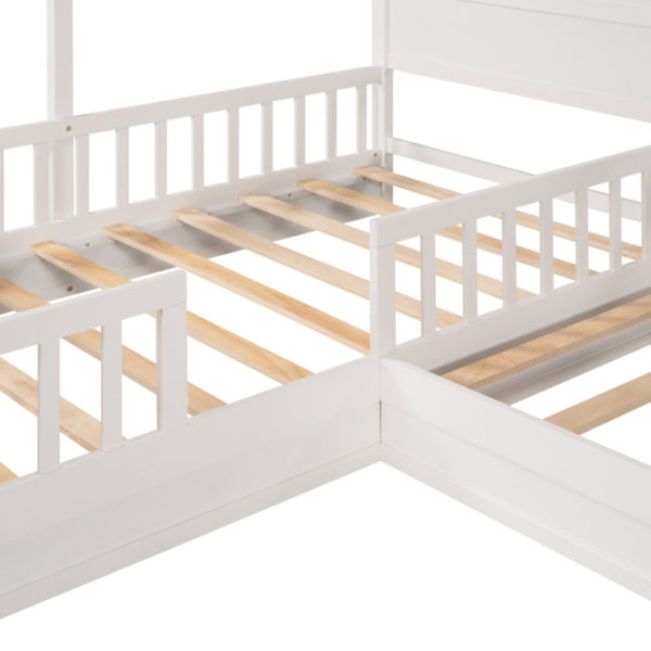 English Elm Wood House Twin L-shaped Kids Bed Solid Pine Playhouse Frame with Slatted Support LP001345AAK