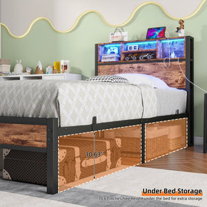 English Elm Twin Metal Platform Bed with RGB Headboard Lights, Charging Station, Bookcase & Under-Bed Storage W840P294072