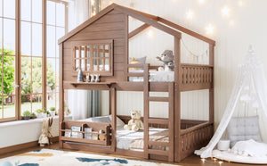 English Elm Full Bunk Bed with Trundle Bookshelf Storage Pine Frame Car Design for Kids Natural W1580S00522