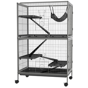 English Elm PawHut 50" 5-Tier Small Animal Cage with Hammock, Heavy-Duty Steel, 4 Doors, Removable Tray, Gray W2225P200802