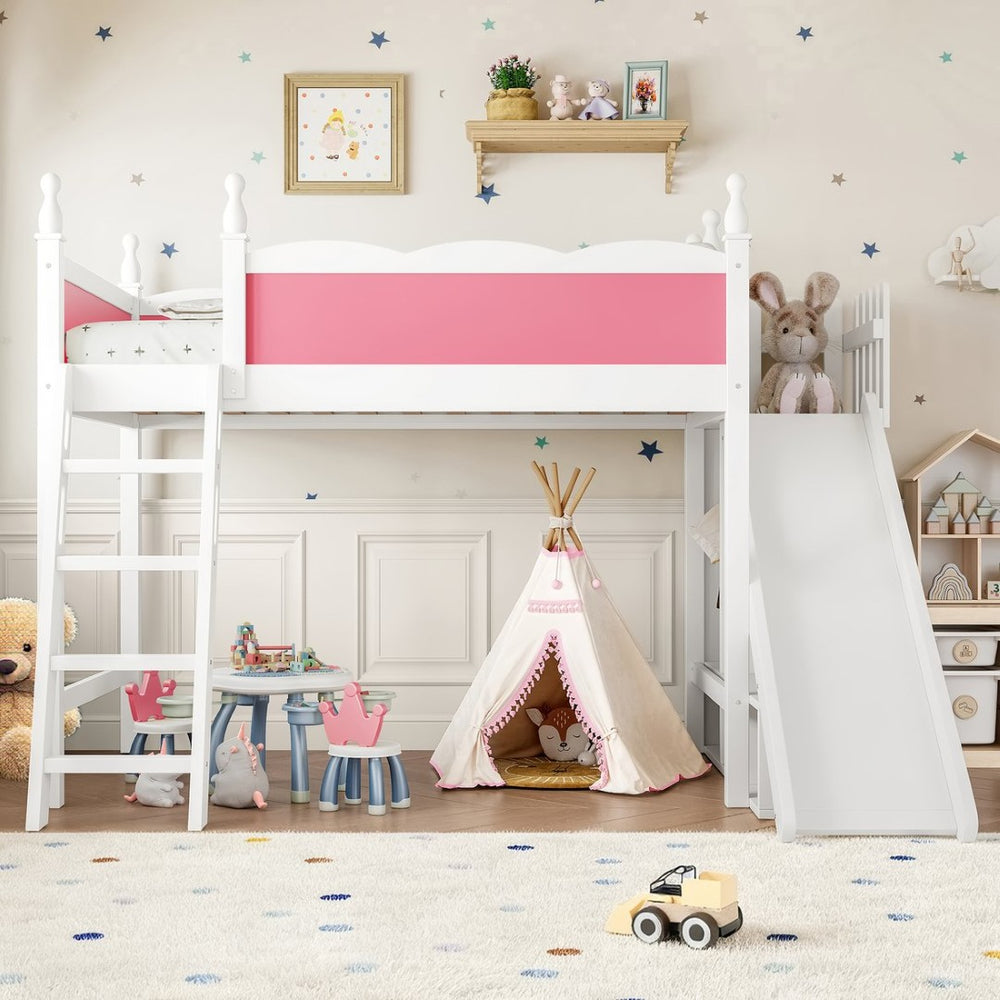 English Elm Twin Loft Bed Solid Pine Frame with Wardrobe Shelving Detachable Slide Kids Room Pink+White W5305S00016