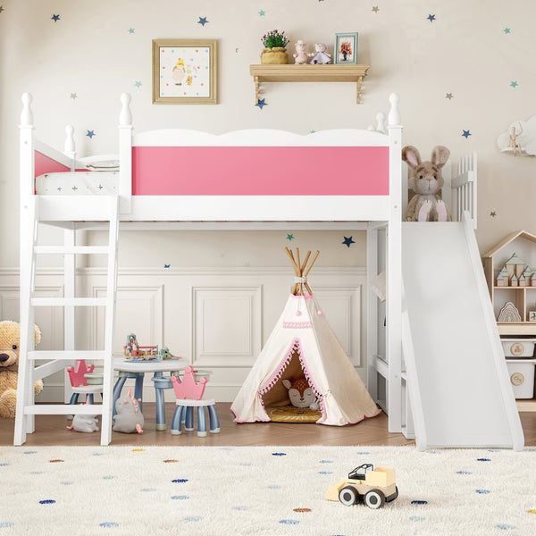 English Elm Twin Loft Bed Solid Pine Frame with Wardrobe Shelving Detachable Slide Kids Room Pink+White W5305S00016