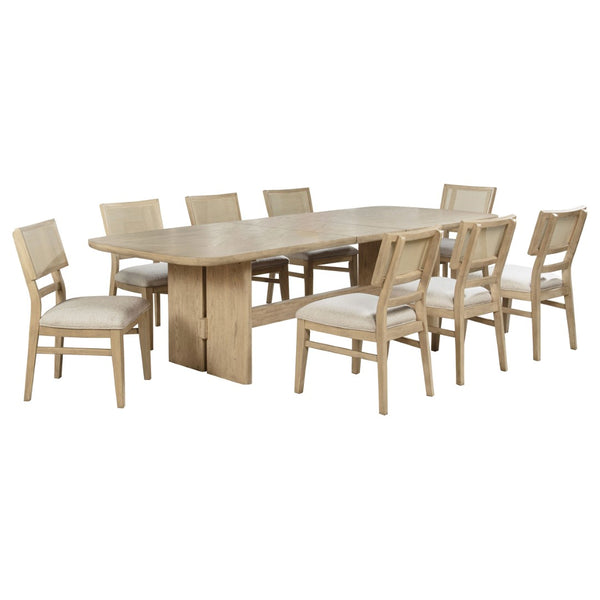 English Elm Beige Oak Coastal Dining Set with Cane Back Chairs and Extension Leaf Seats Six B062S01835