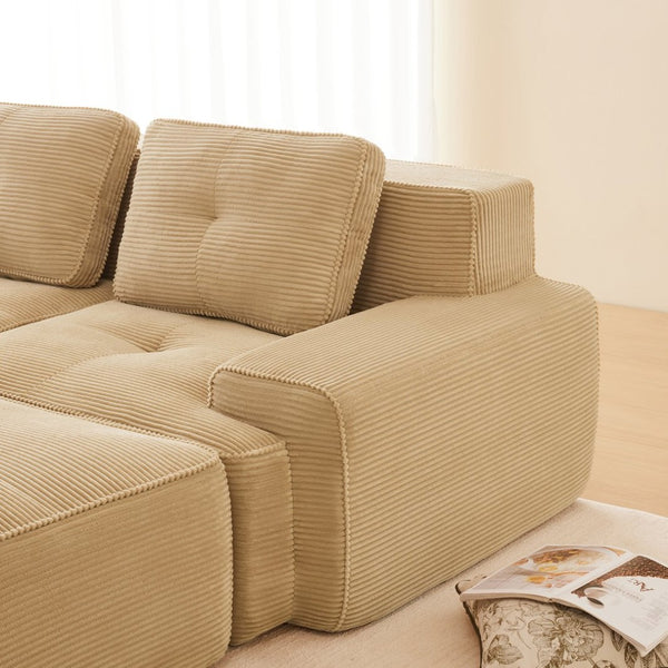 English Elm Modern Corduroy Sectional Sofa Deep Seat V Shape Tufted Couch with Movable Ottoman Camel W714S01588