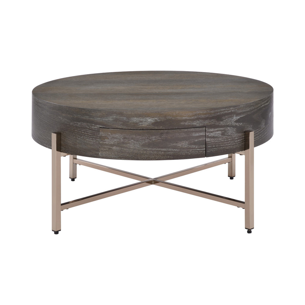 English Elm Drum Minimalist Coffee Table with Drawer in Light Brown & Champagne Metal Frame, Elegant Storage Blend B016P313004